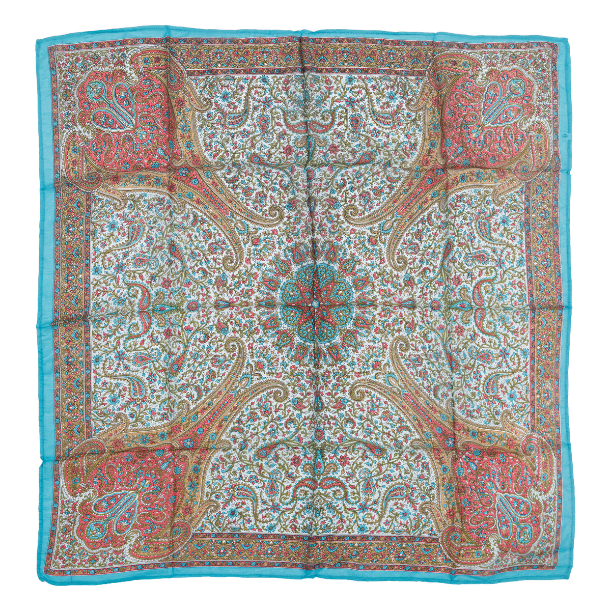 Scarf - 100% Silk - 92x92cm- Paisley Filigree Mint &amp; Turquoise