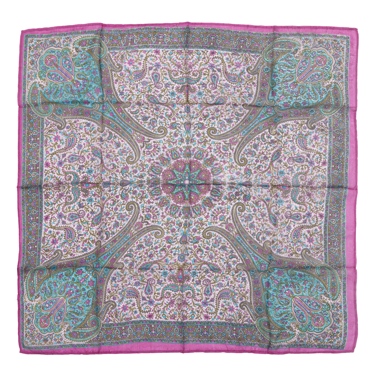 Eșarfă - 100% Mătase - 92x92 - paisley-turcoaz-fucsia