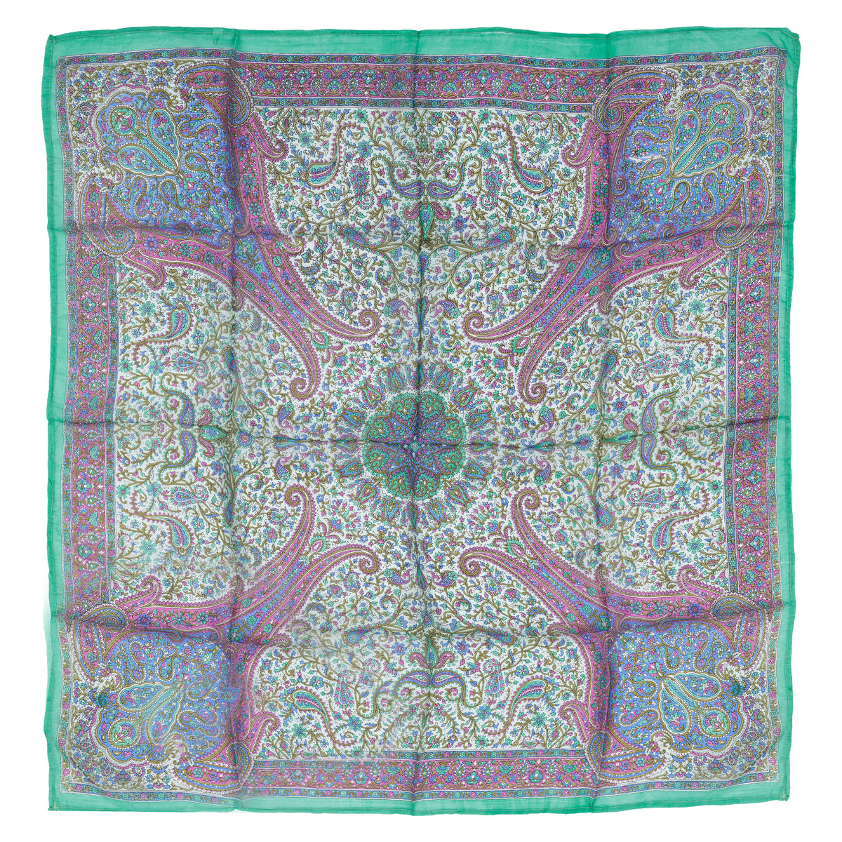 Eșarfă - 100% mătase - 92x92cm - paisley-verde-mov