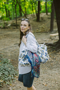 Geantă weekender - 100% bumbac - floral albastru-natur