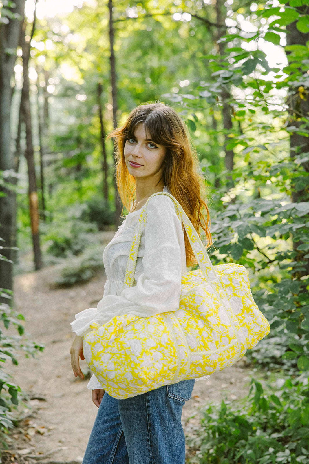 Geantă weekender - 100% bumbac - floral galben