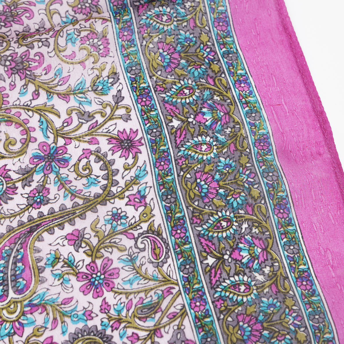 Eșarfă - 100% Mătase - 92x92 - paisley-turcoaz-fucsia