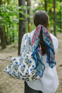 Geantă weekender - 100% bumbac - floral albastru-natur