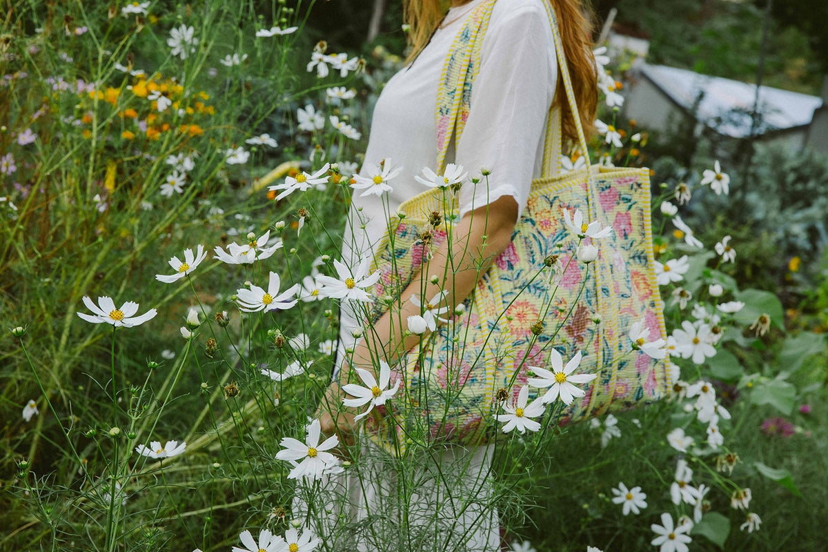 Geantă tote - 100% bumbac - floral galben