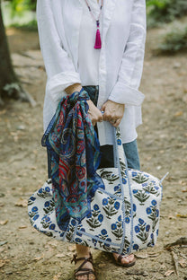 Geantă weekender - 100% bumbac - floral albastru-natur