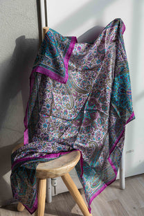 Eșarfă - 100% Mătase - 92x92 - paisley-turcoaz-fucsia
