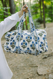 Geantă weekender - 100% bumbac - floral albastru-natur