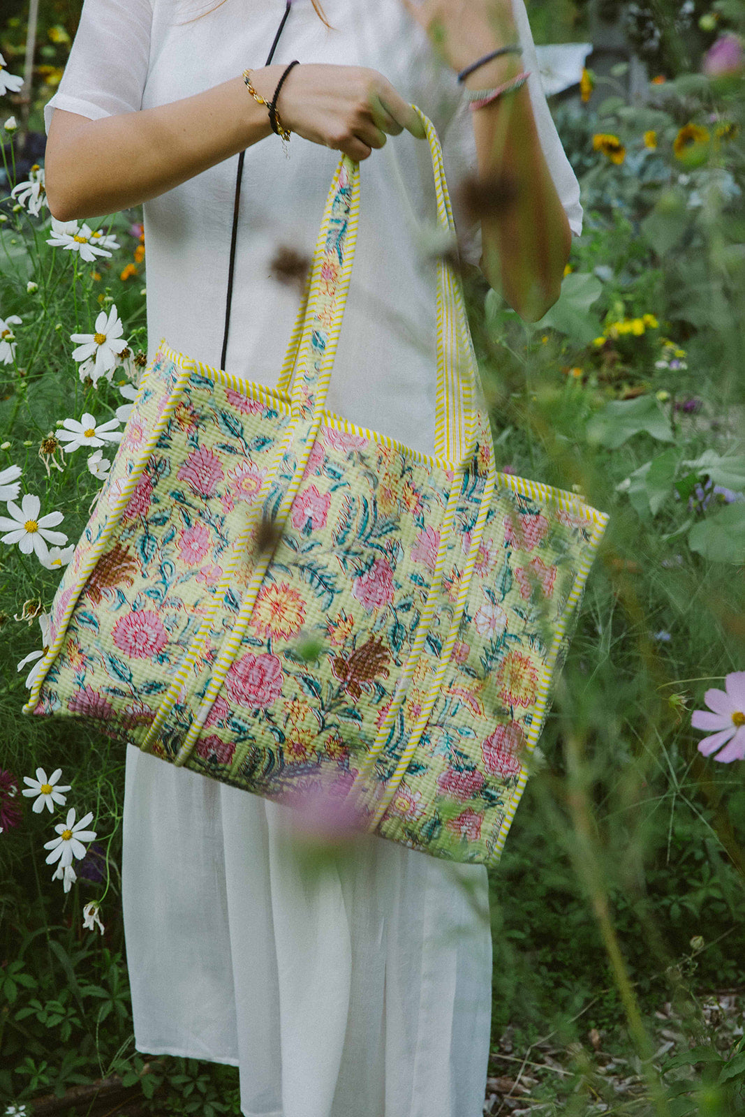 Geantă tote - 100% bumbac - floral galben