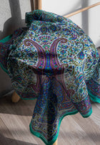 Eșarfă - 100% mătase - 92x92cm - paisley-verde-mov