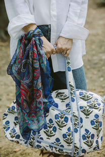 Geantă weekender - 100% bumbac - floral albastru-natur