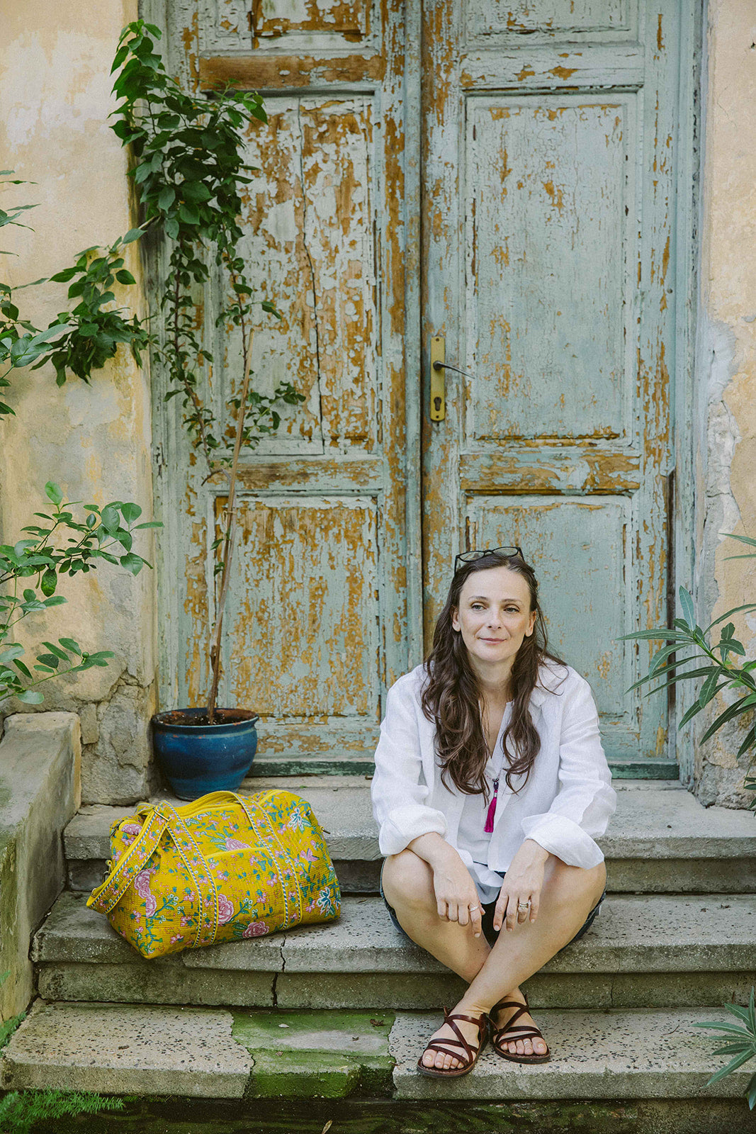 Weekender bag - 100% cotton - Botanical Rose Mustard Yellow