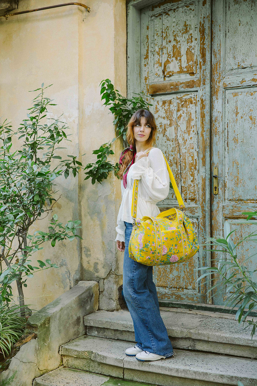 Weekender bag - 100% cotton - Botanical Rose Mustard Yellow