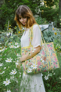 Geantă tote - 100% bumbac - floral galben