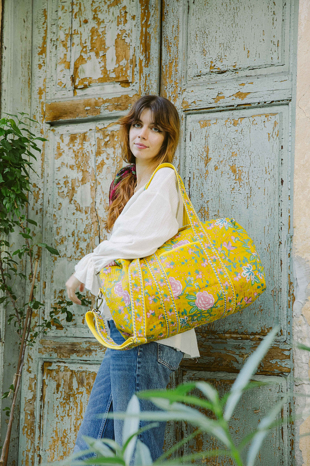Weekender bag - 100% cotton - Botanical Rose Mustard Yellow