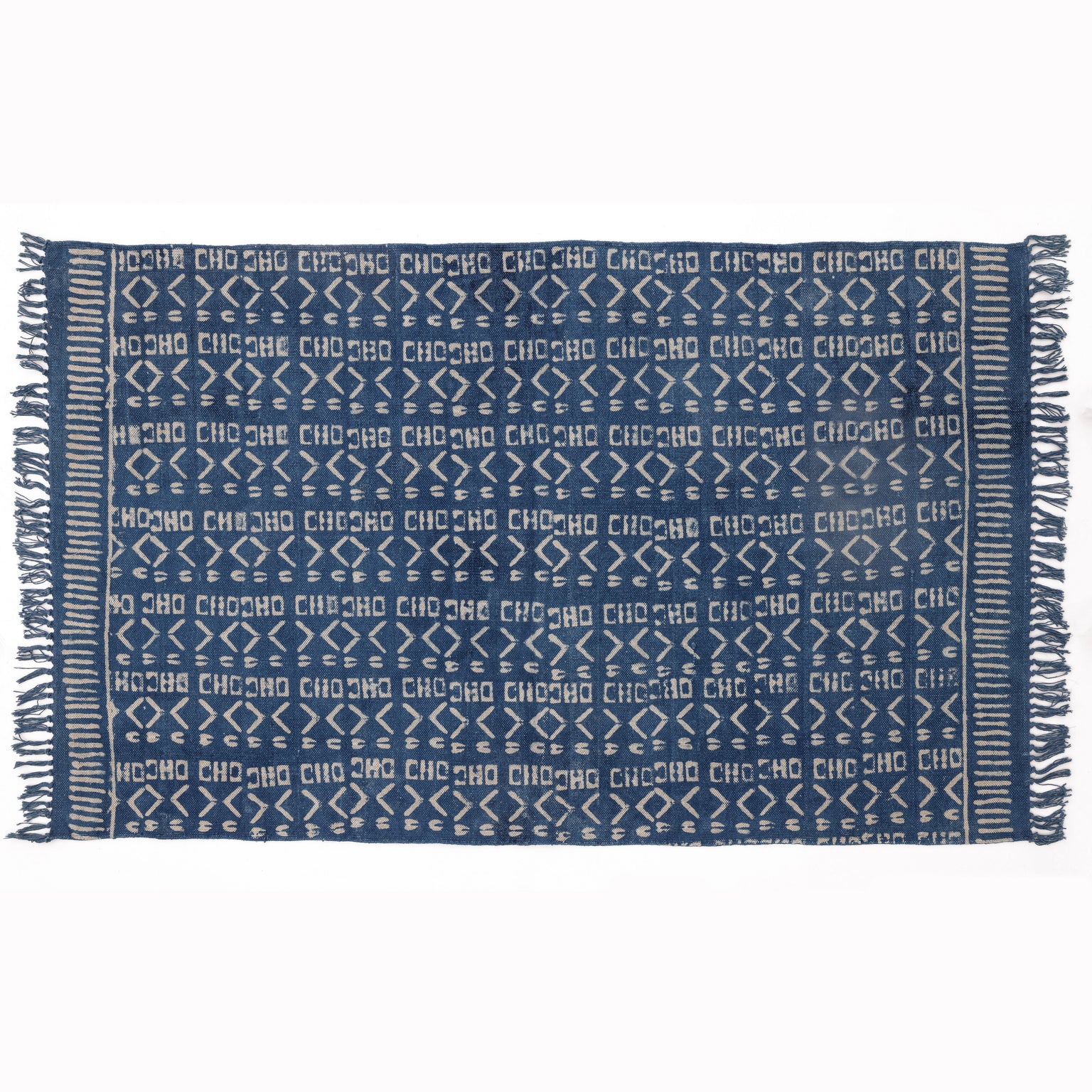 Covor - 100% Bumbac - Țesut manual și imprimat - Model Aztec Albastru Indigo (1)