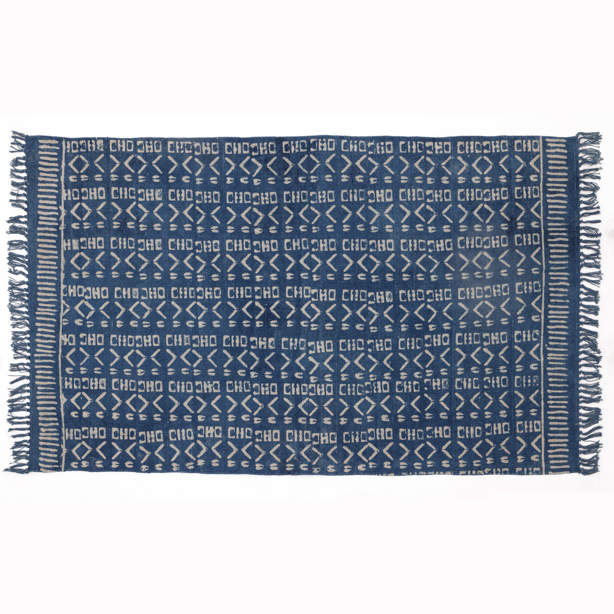 Covor - 100% Bumbac - Țesut manual și imprimat - Model Aztec Albastru Indigo (1)