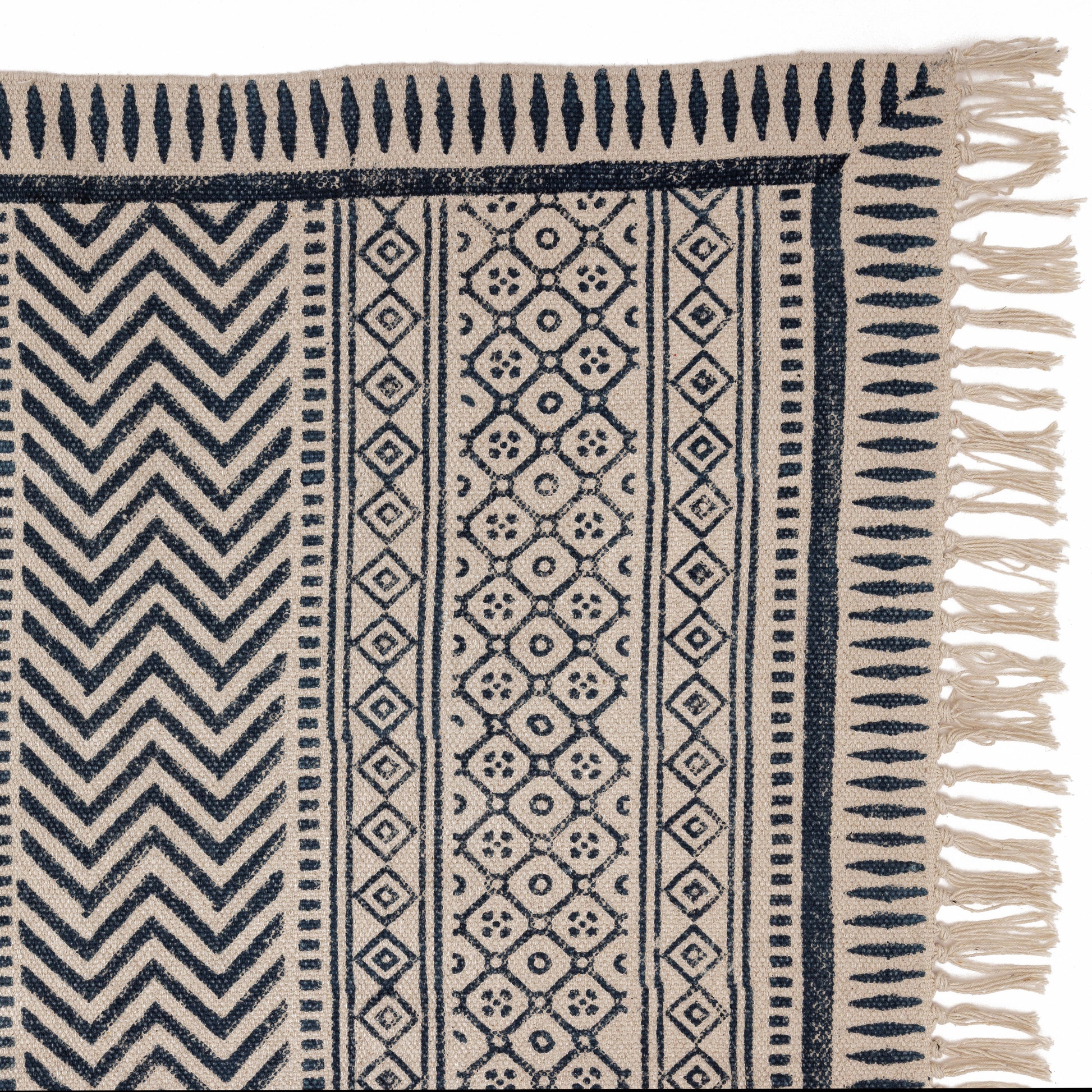 Covor - 100% Bumbac - Țesut manual și imprimat - Panouri Zigzag Albastru Indigo (3)