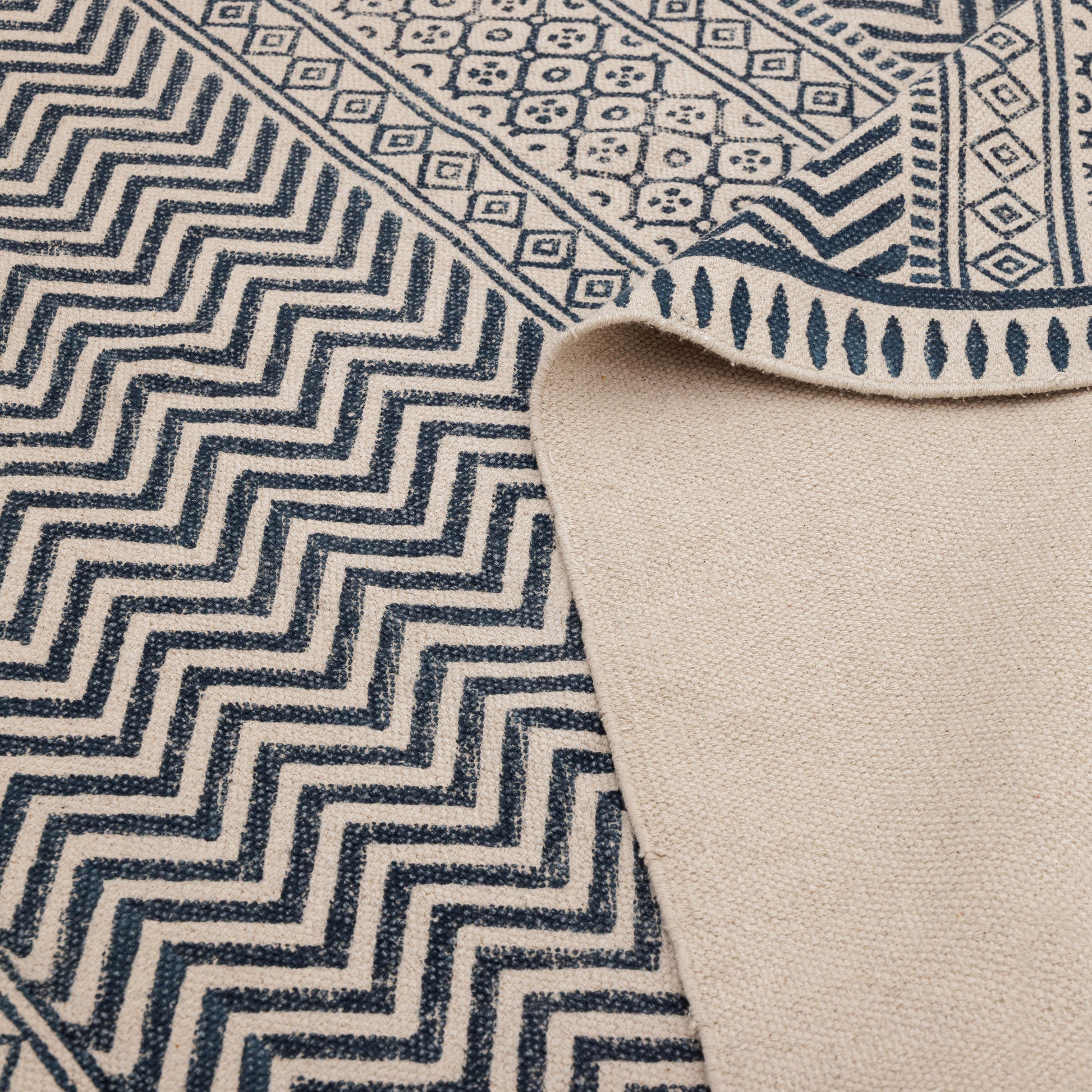 Covor - 100% Bumbac - Țesut manual și imprimat - Panouri Zigzag Albastru Indigo (5)