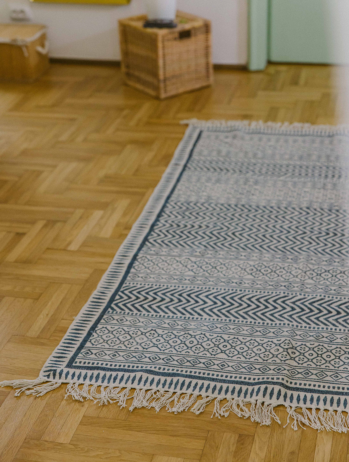 Covor - 100% Bumbac - Țesut manual și imprimat - Panouri Zigzag Albastru Indigo (6)
