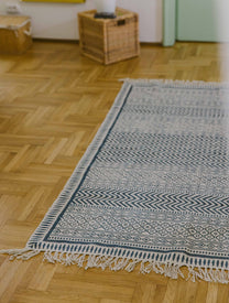 Covor - 100% Bumbac - Țesut manual și imprimat - Panouri Zigzag Albastru Indigo (6)