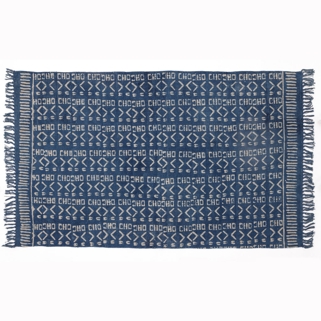 Covor - 100% Bumbac - Țesut manual și imprimat - Model Aztec Albastru Indigo (1)