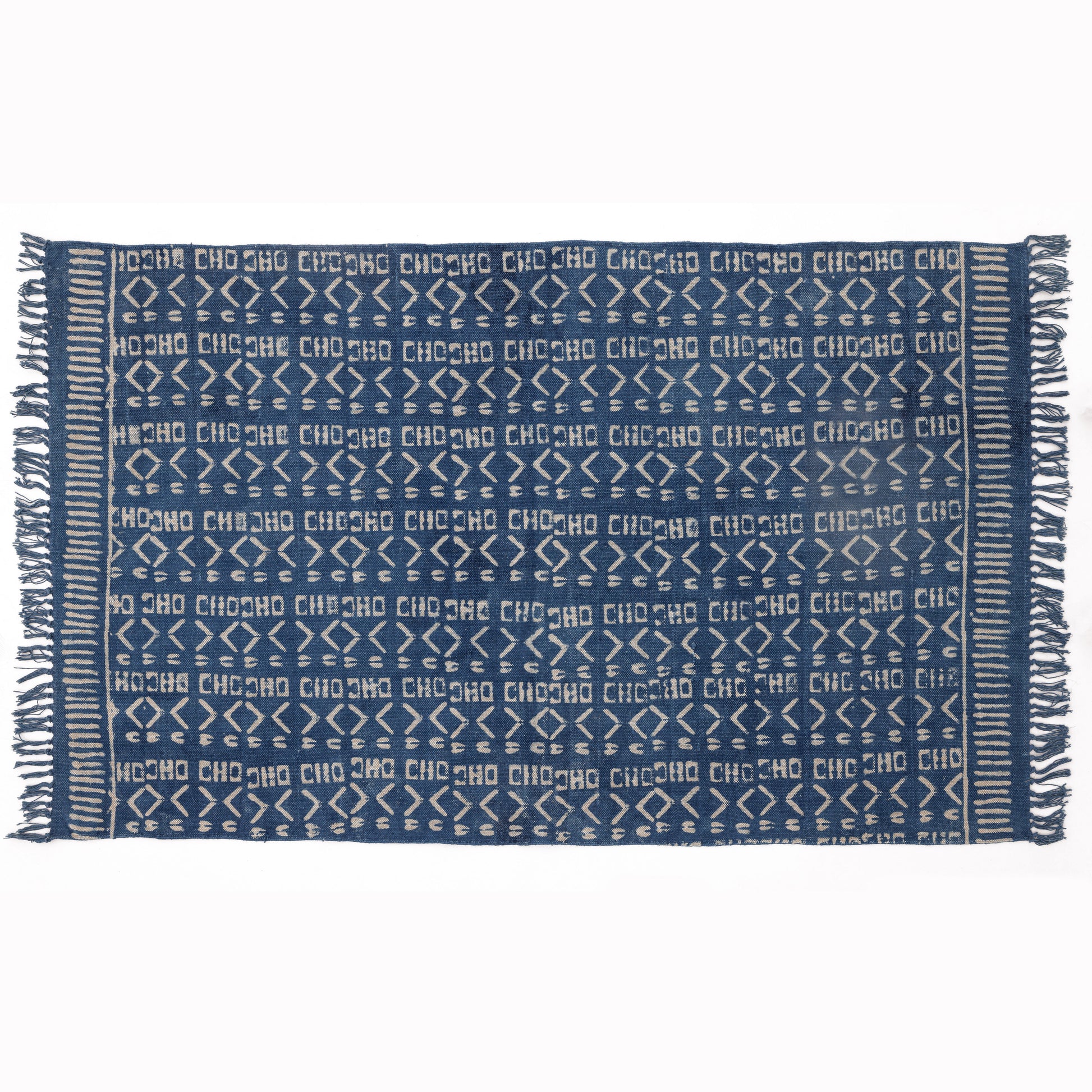Covor - 100% Bumbac - Țesut manual și imprimat - Model Aztec Albastru Indigo (1)