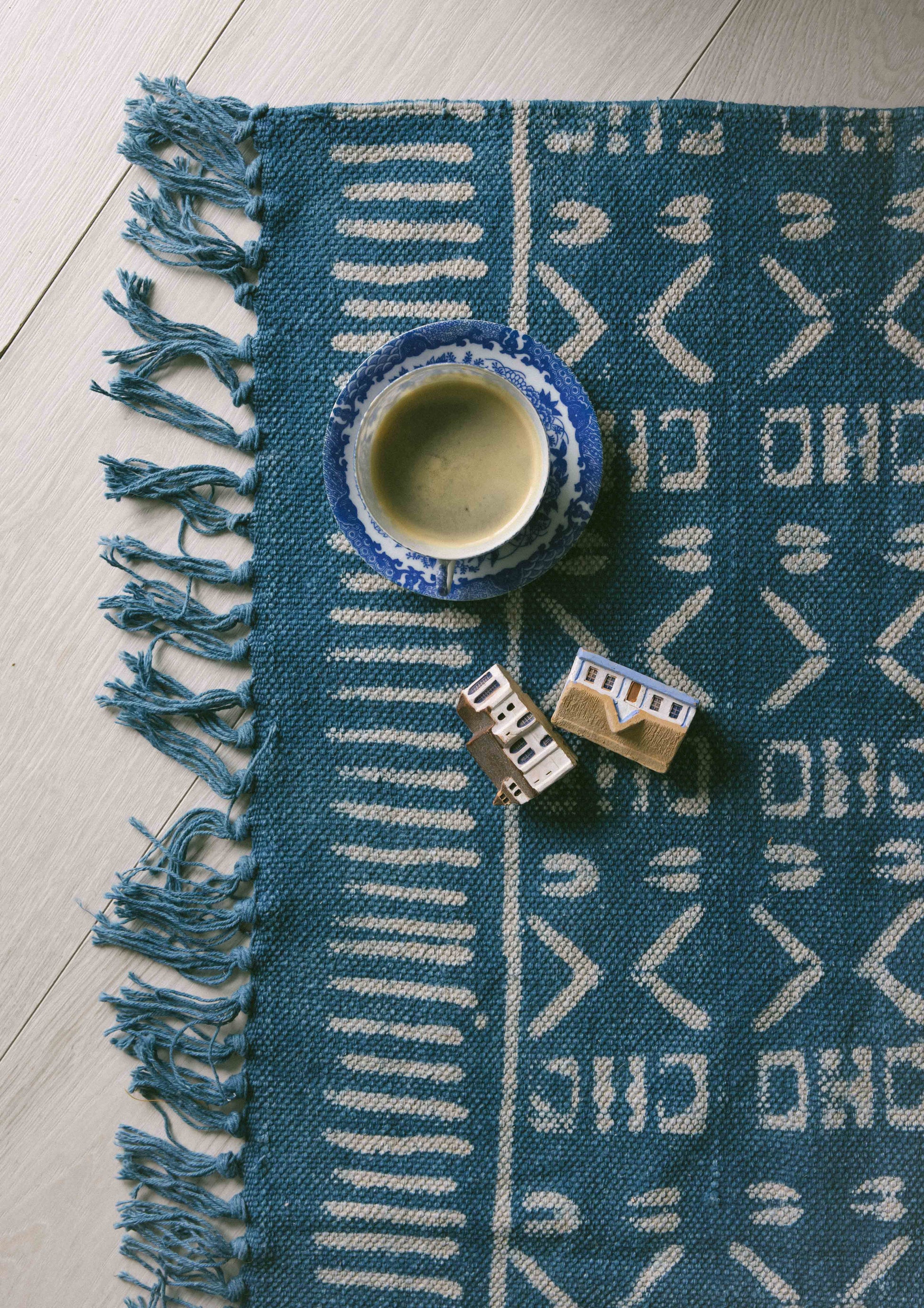 Covor - 100% Bumbac - Țesut manual și imprimat - Model Aztec Albastru Indigo (6)