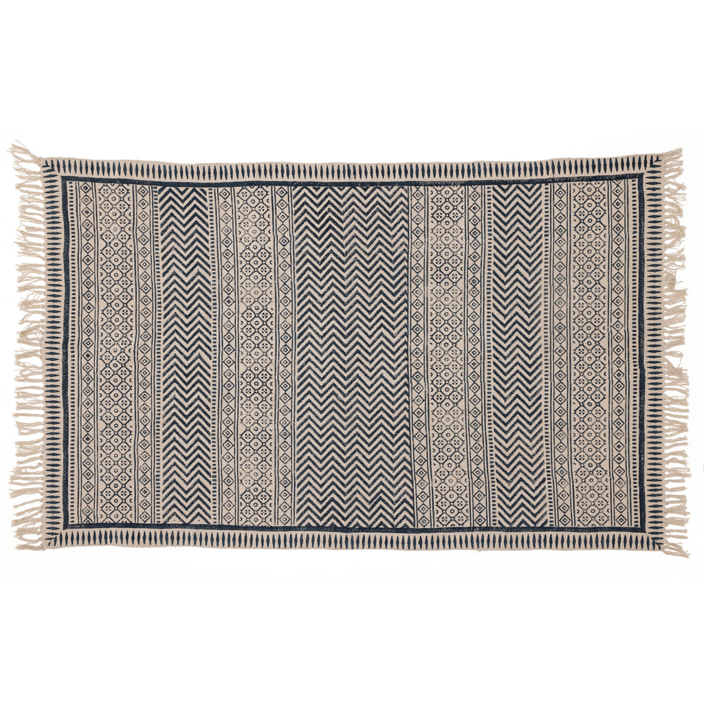 Covor - 100% Bumbac - Țesut manual și imprimat - Panouri Zigzag Albastru Indigo (1)