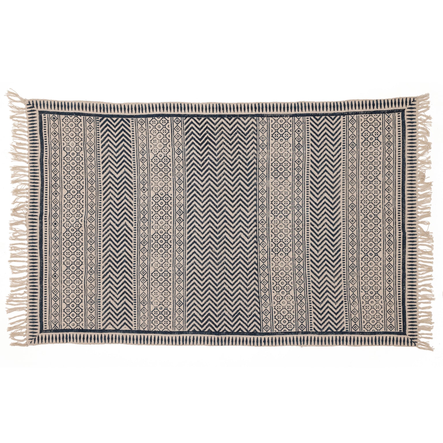 Covor - 100% Bumbac - Țesut manual și imprimat - Panouri Zigzag Albastru Indigo (1)