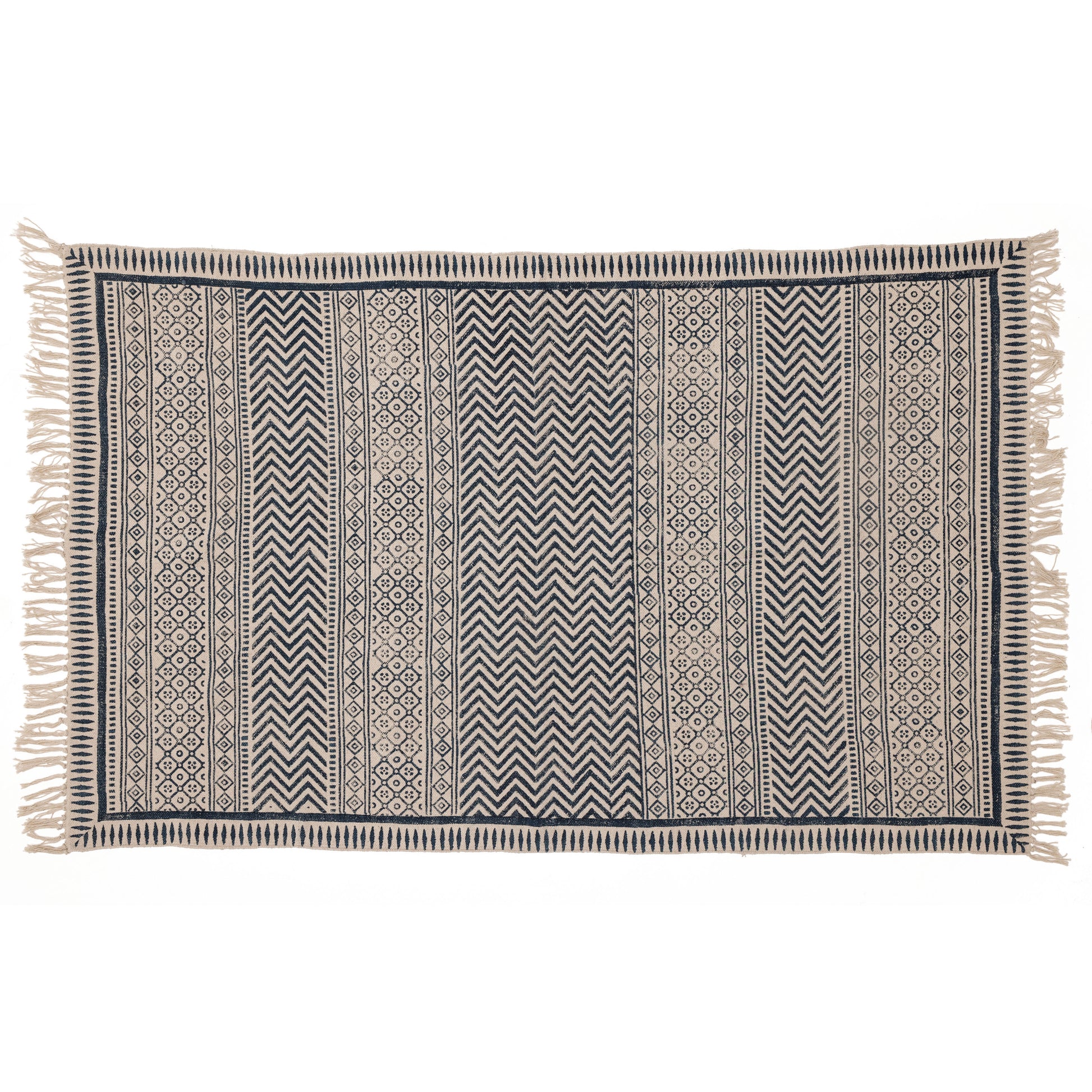 Covor - 100% Bumbac - Țesut manual și imprimat - Panouri Zigzag Albastru Indigo (1)