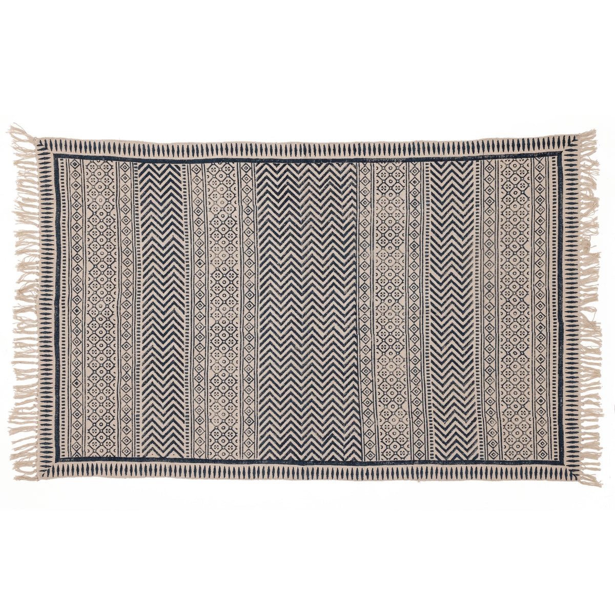 Covor - 100% Bumbac - Țesut manual și imprimat - Panouri Zigzag Albastru Indigo (1)