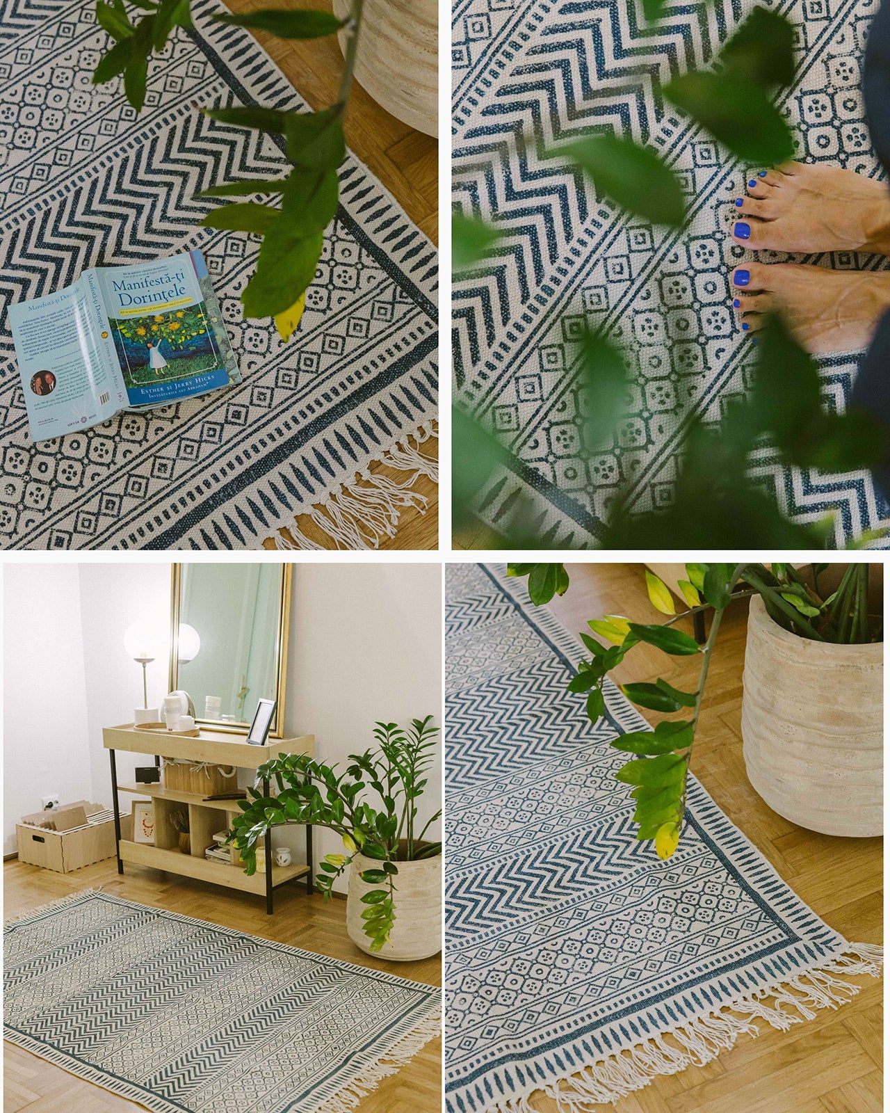 Covor - 100% Bumbac - Țesut manual și imprimat - Panouri Zigzag Albastru Indigo (2)