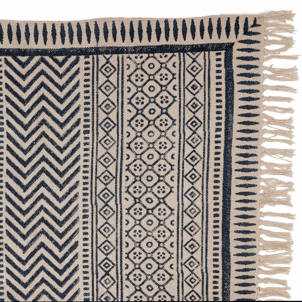 Covor - 100% Bumbac - Țesut manual și imprimat - Panouri Zigzag Albastru Indigo (3)