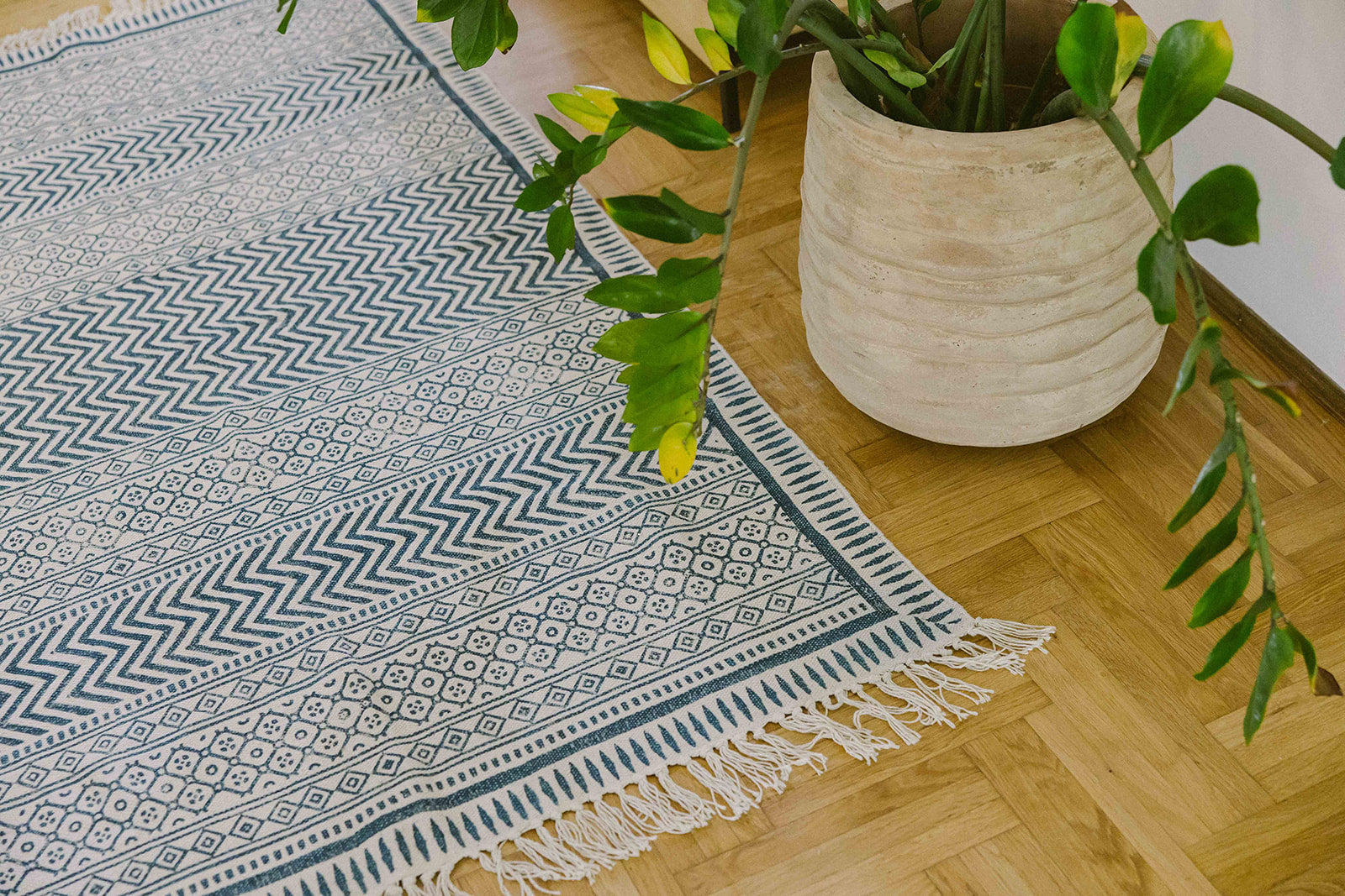Covor - 100% Bumbac - Țesut manual și imprimat - Panouri Zigzag Albastru Indigo (8)