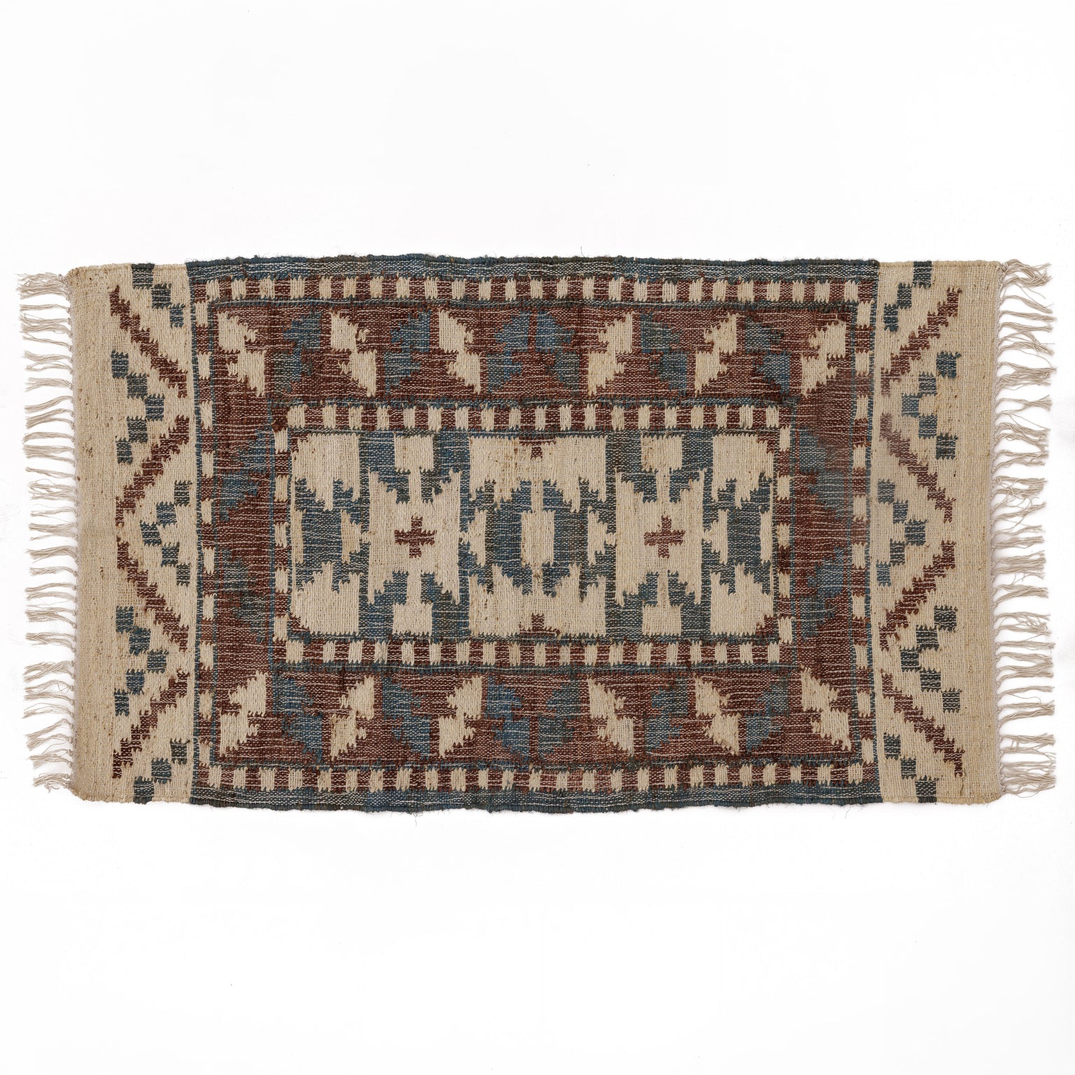Covor - 100% Iută - Țesut manual - Kilim Tribal Teracotă și Bleu (1)