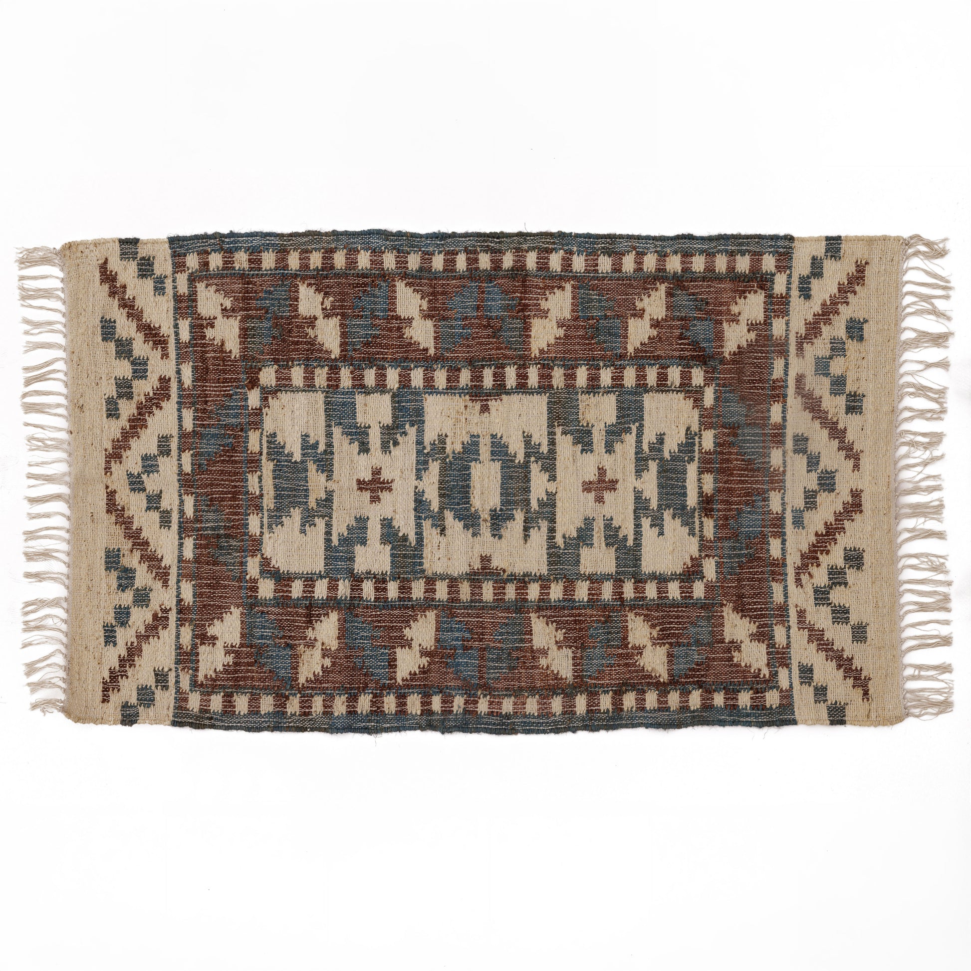 Covor - 100% Iută - Țesut manual - Kilim Tribal Teracotă și Bleu (1)