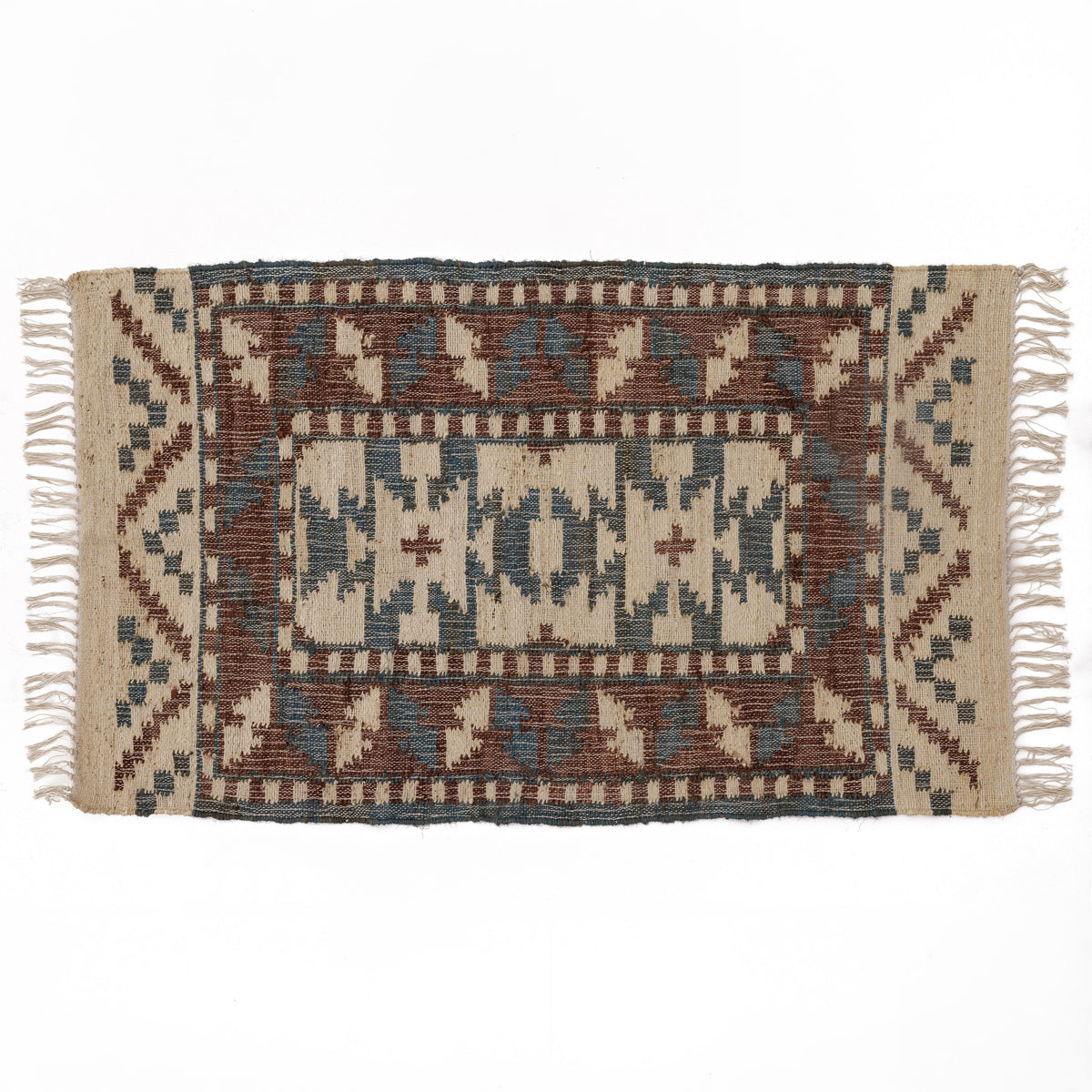 Covor - 100% Iută - Țesut manual - Kilim Tribal Teracotă și Bleu (1)
