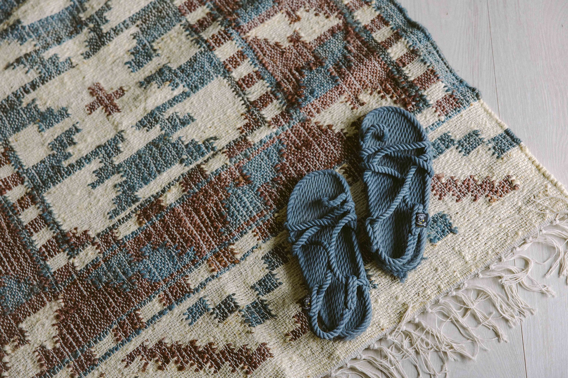 Covor - 100% Iută - Țesut manual - Kilim Tribal Teracotă și Bleu (4)