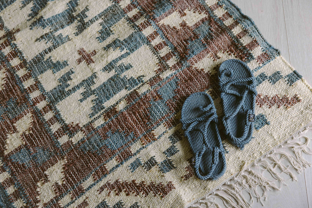 Covor - 100% Iută - Țesut manual - Kilim Tribal Teracotă și Bleu (6)