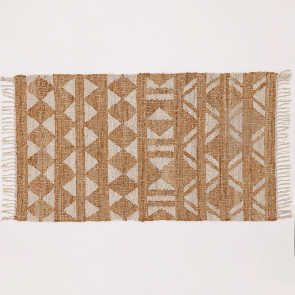 Covor - Iută/Bumbac - Țesut manual - Model Tribal Geometric Crem-Natur (1)