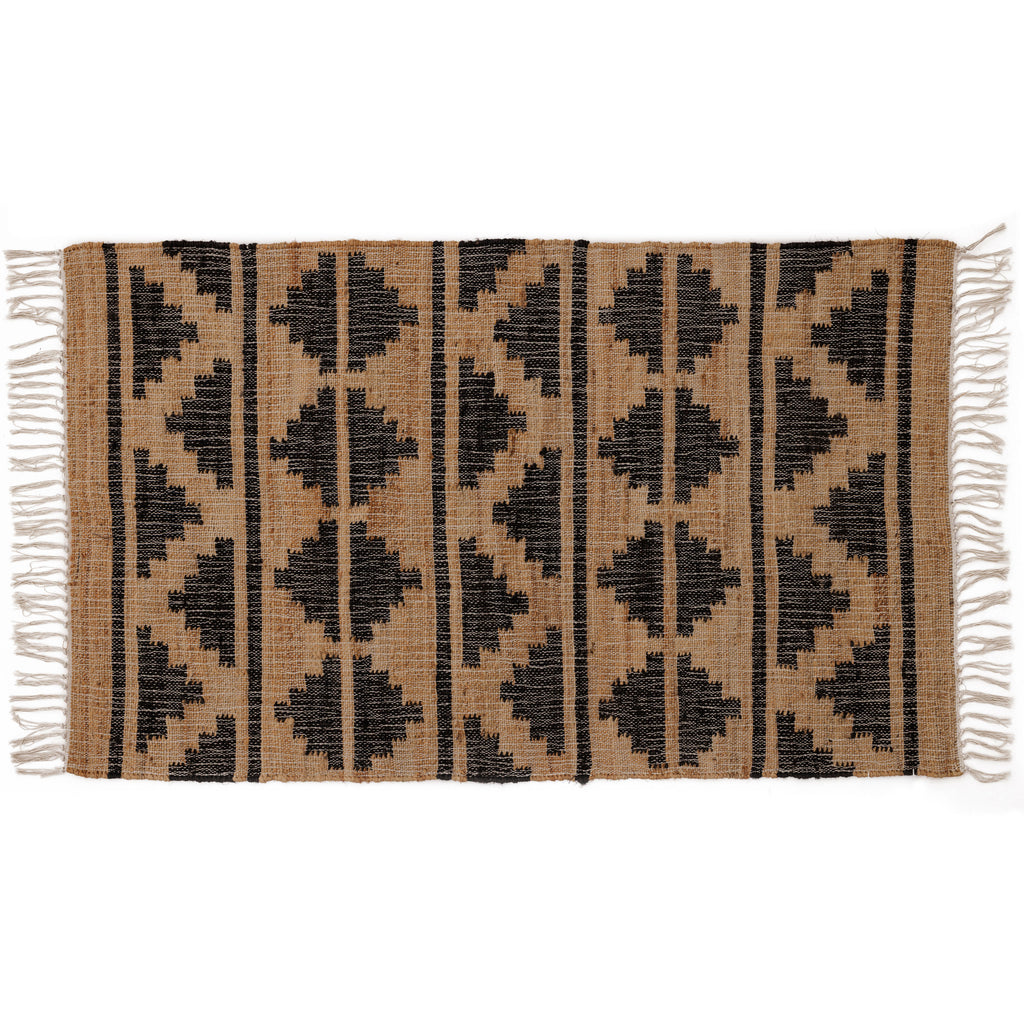 Covor - Iută/Bumbac - Țesut manual - Model Aztec și Romburi Negru-Natur (1)