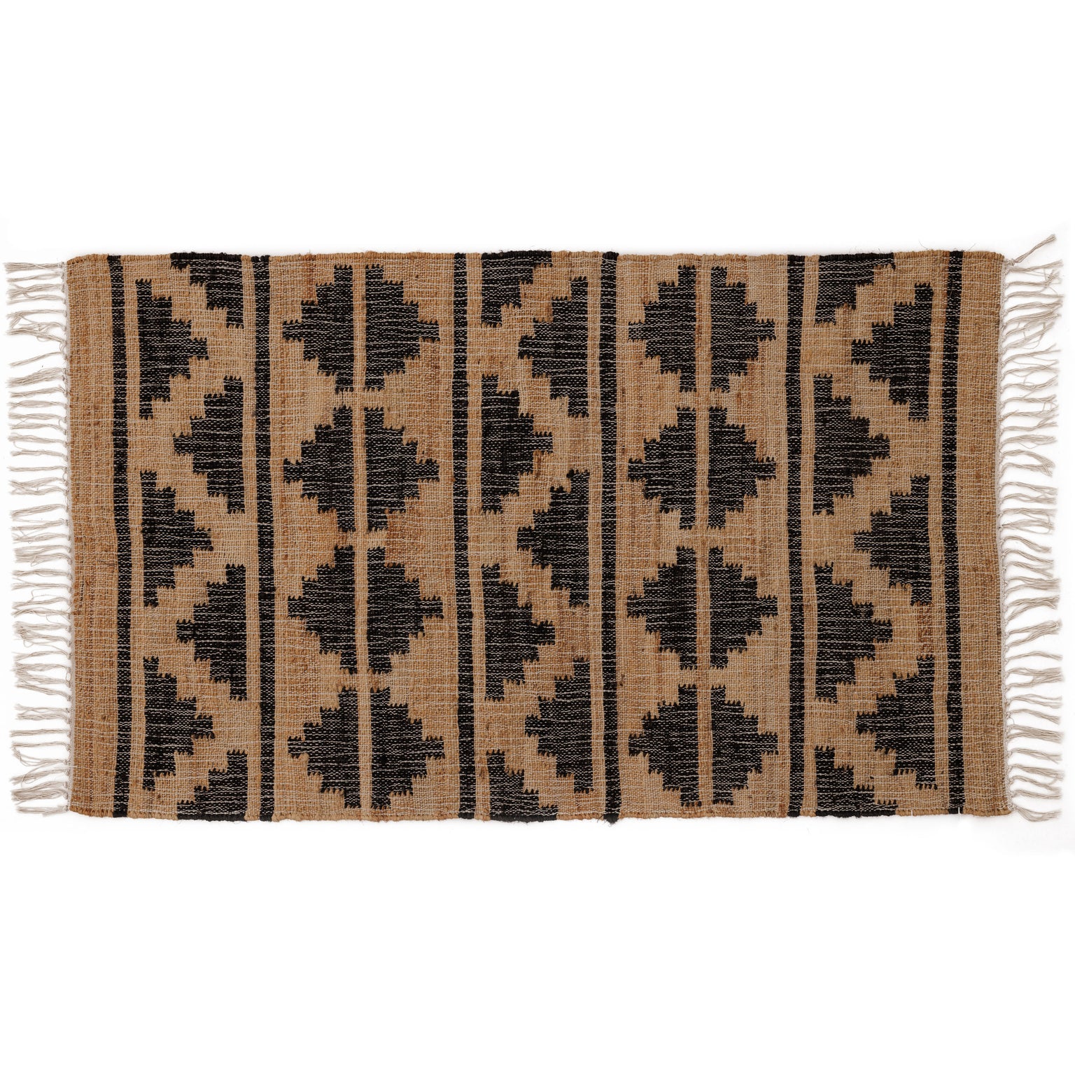 Covor - Iută/Bumbac - Țesut manual - Model Aztec și Romburi Negru-Natur (1)