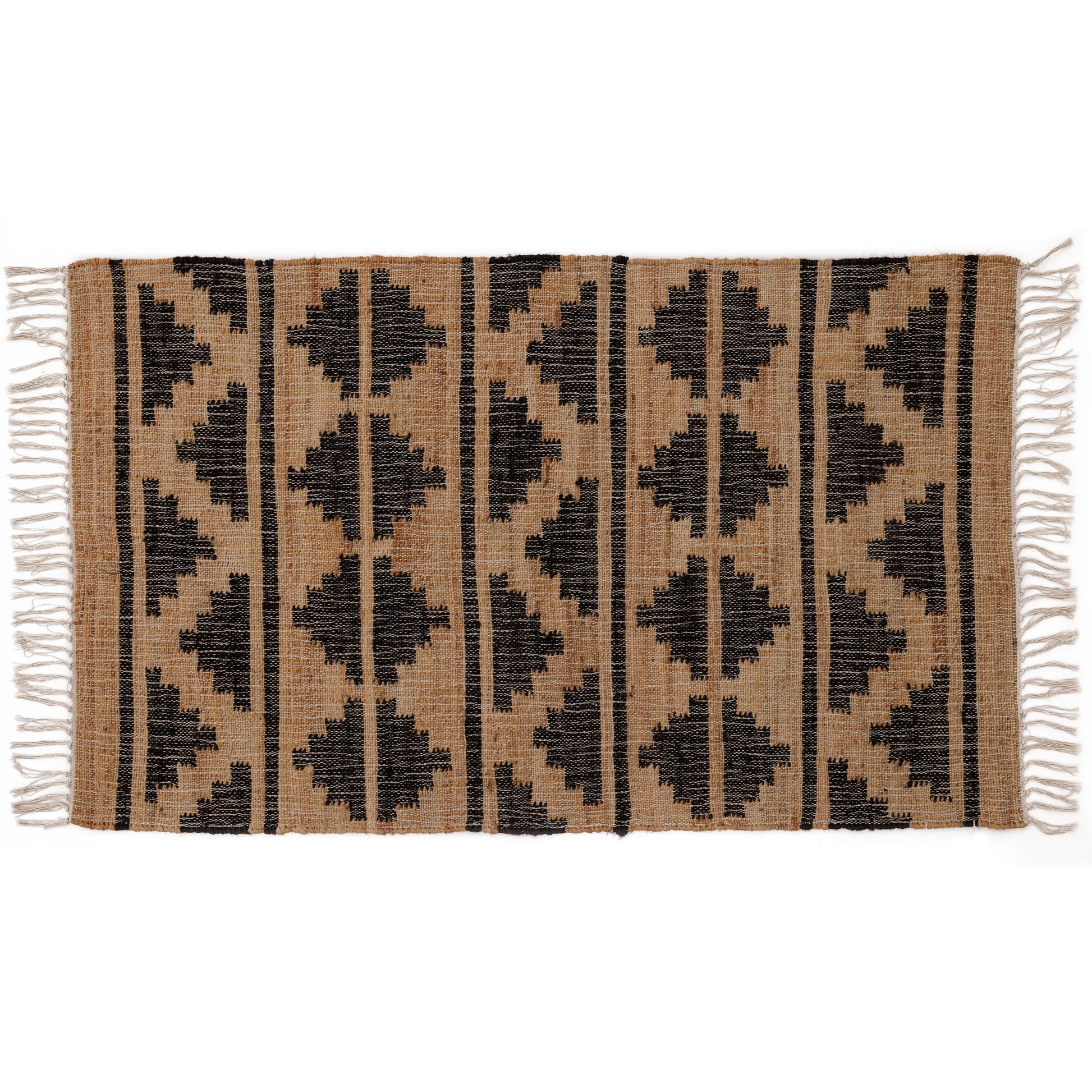 Covor - Iută/Bumbac - Țesut manual - Model Aztec și Romburi Negru-Natur (1)