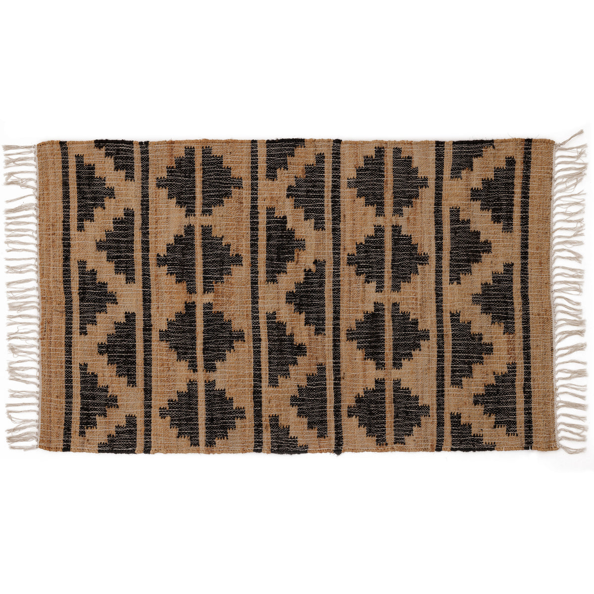 Covor - Iută/Bumbac - Țesut manual - Model Aztec și Romburi Negru-Natur (1)