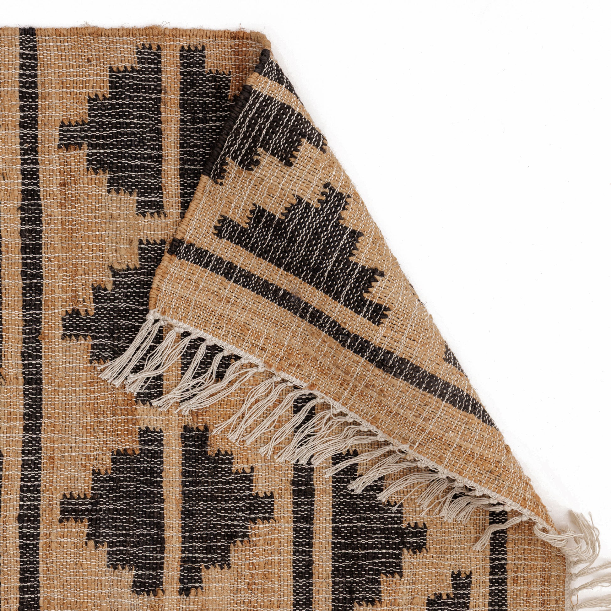 Covor - Iută/Bumbac - Țesut manual - Model Aztec și Romburi Negru-Natur (3)
