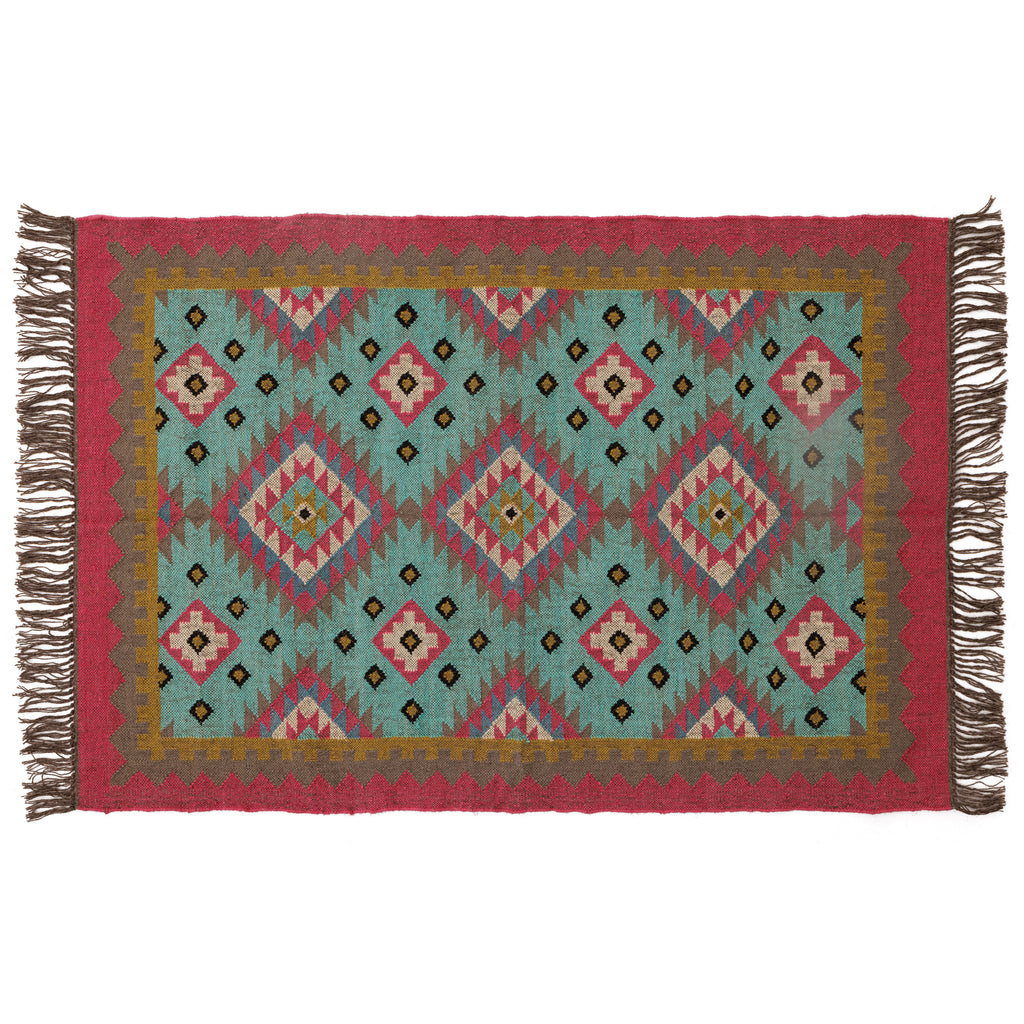 Covor - 100% Lână - Țesut manual - Medalion Southwestern Turcoaz și Teracotă (1)