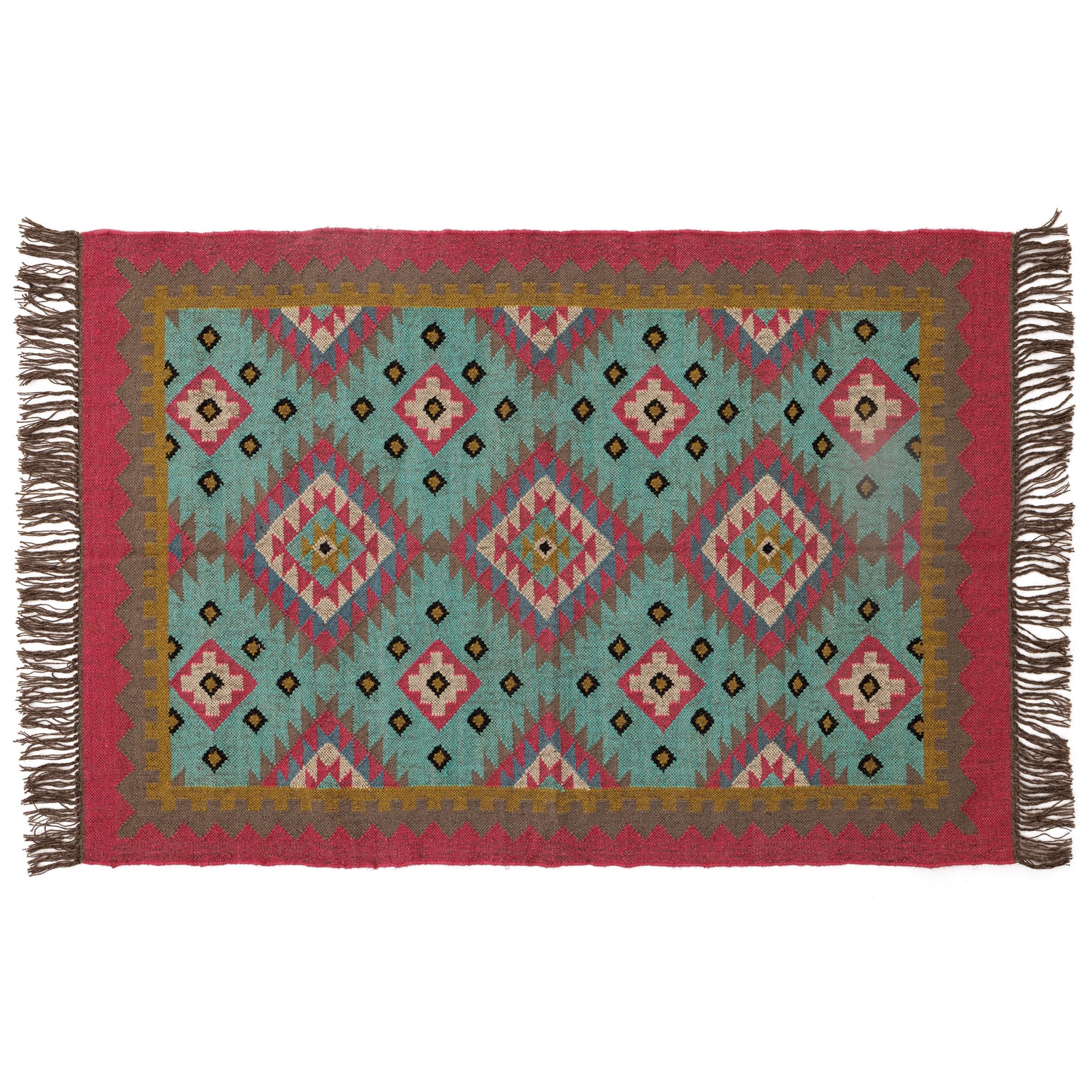 Covor - 100% Lână - Țesut manual - Medalion Southwestern Turcoaz și Teracotă (1)