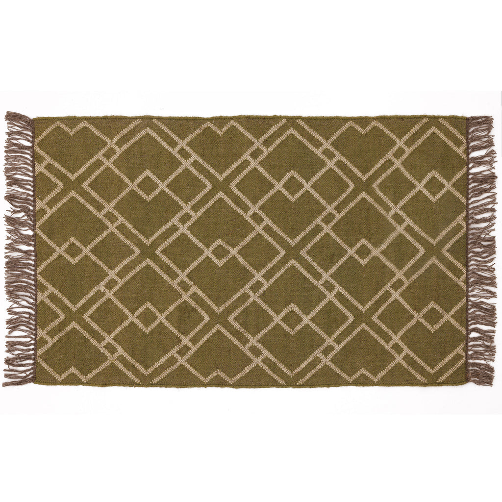 Covor - 100% Lână - Țesut manual - Grilă Geometrică Verde Măsliniu (1)