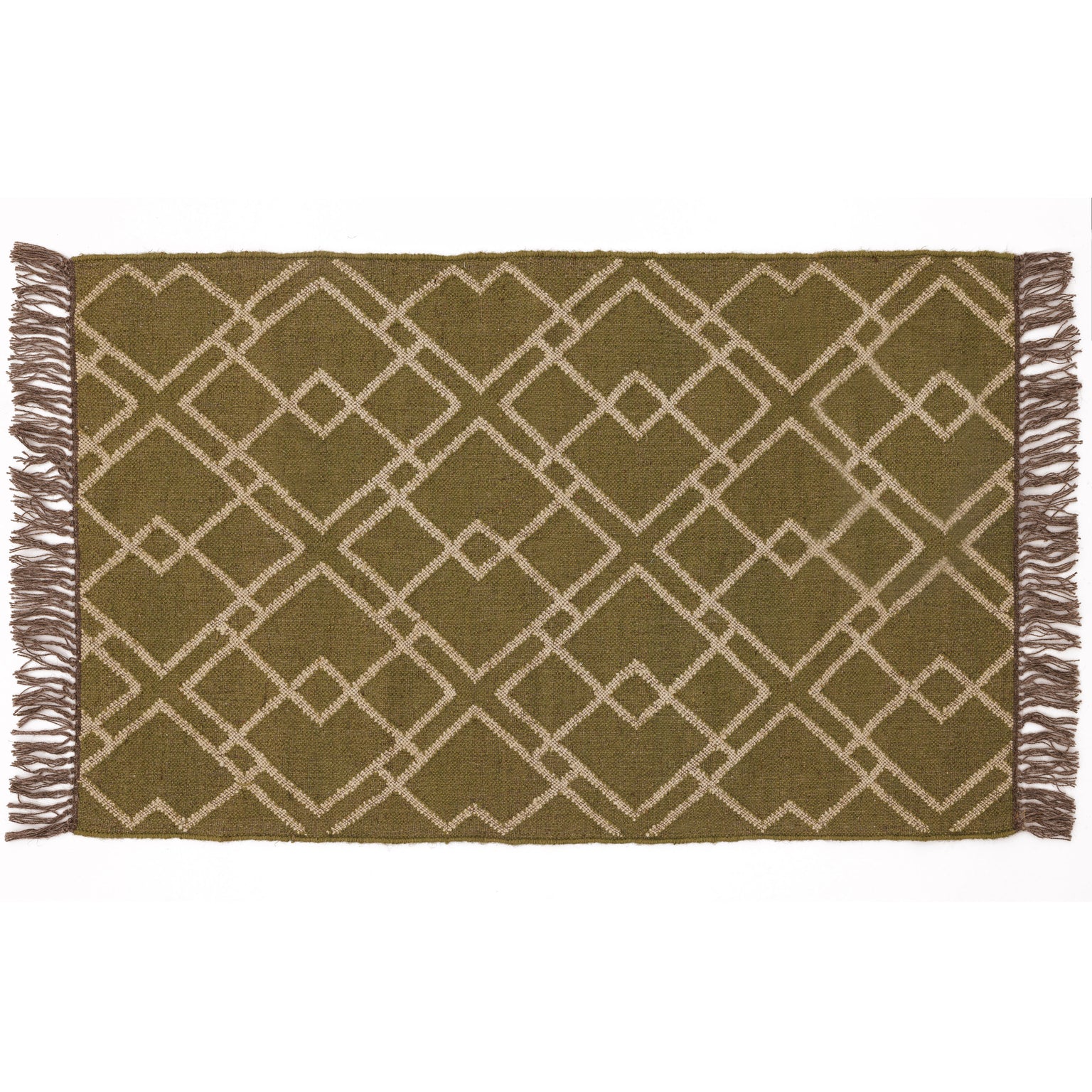 Covor - 100% Lână - Țesut manual - Grilă Geometrică Verde Măsliniu (1)