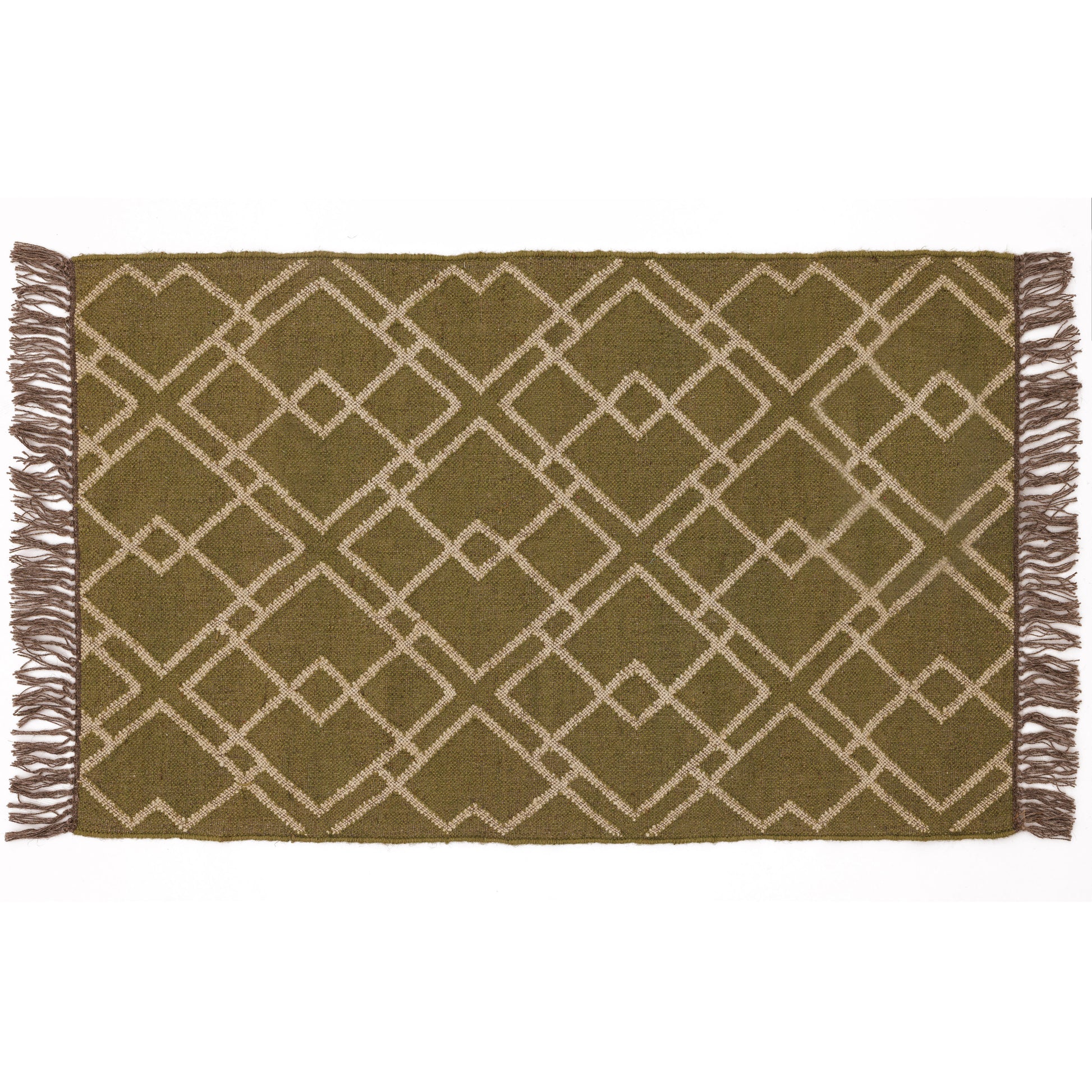 Covor - 100% Lână - Țesut manual - Grilă Geometrică Verde Măsliniu (1)